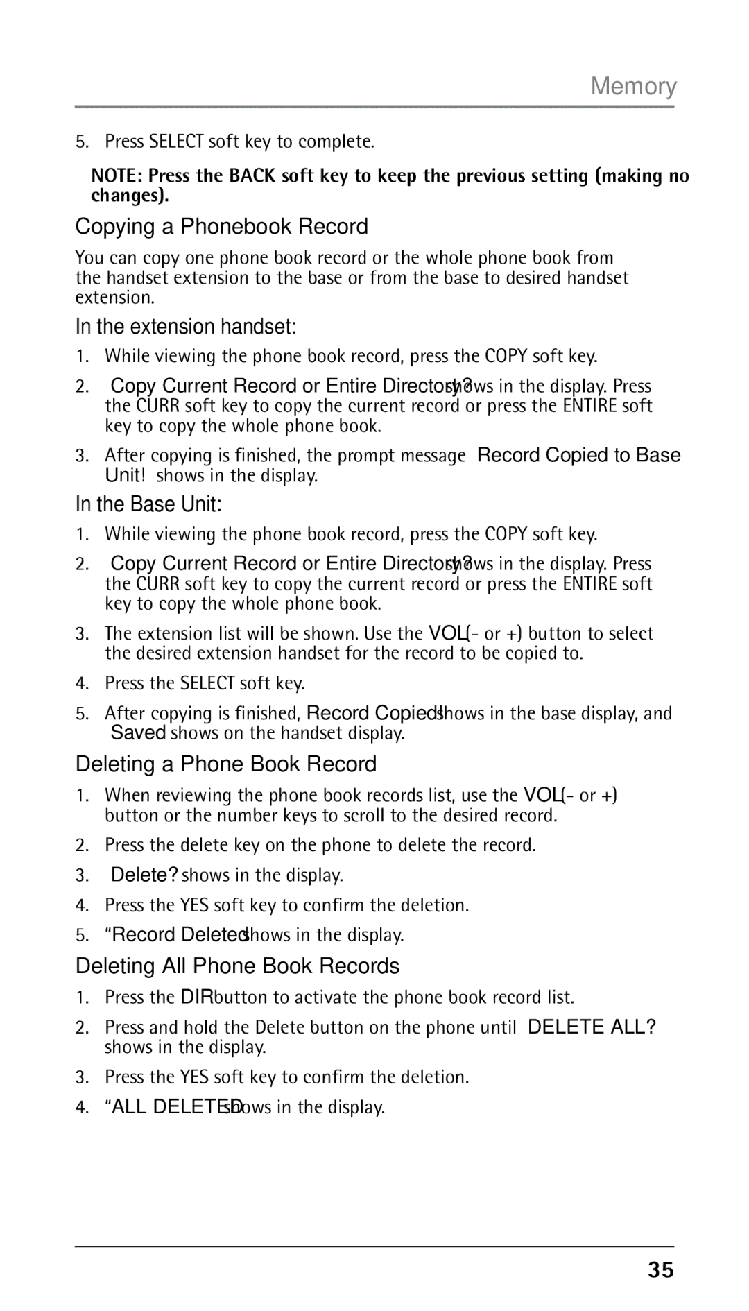 RCA 00023265, 25250RE2 manual Copying a Phonebook Record, Extension handset, Base Unit, Deleting a Phone Book Record 