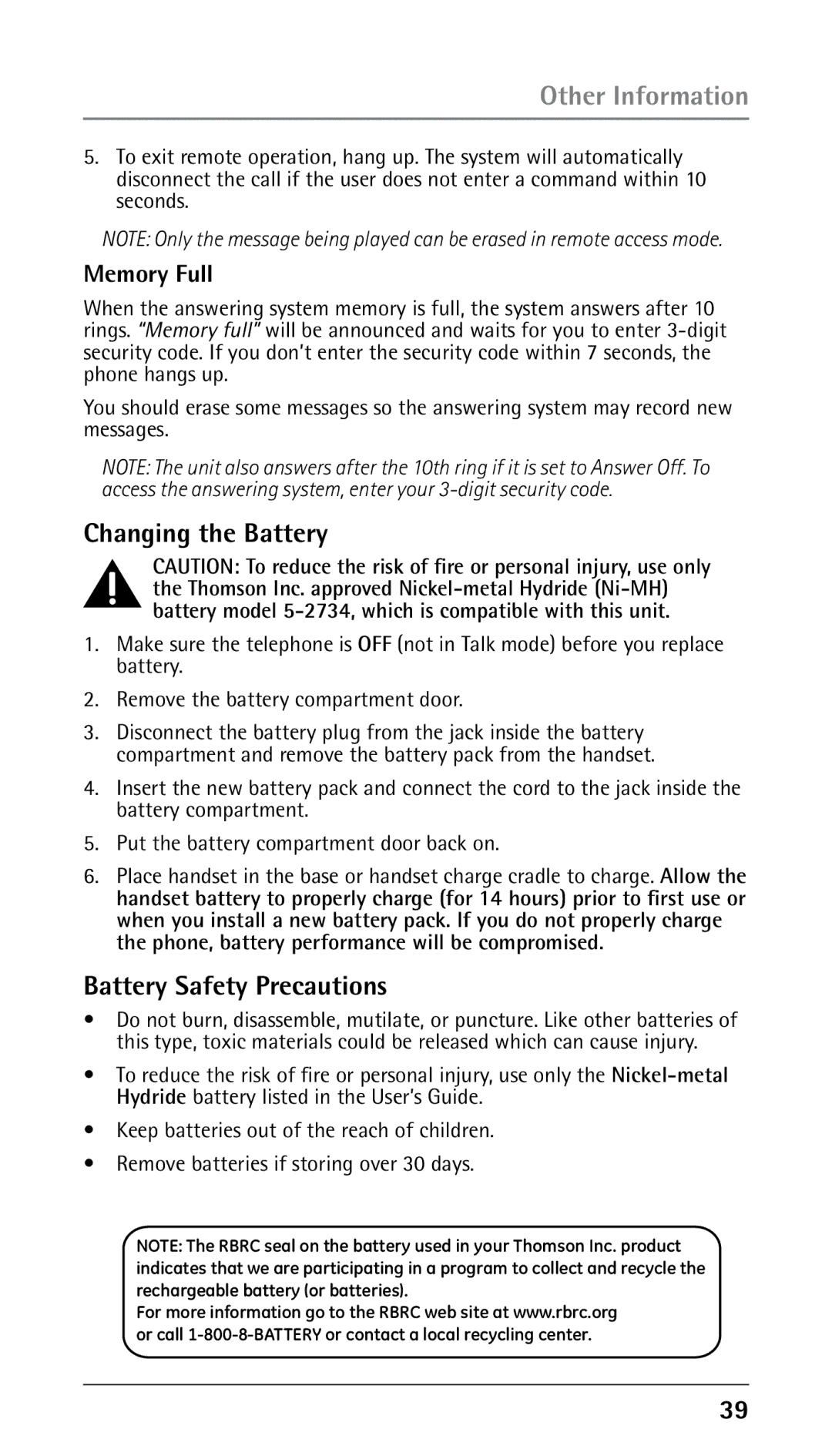 RCA 00023265, 25250RE2 manual Other Information, Changing the Battery, Battery Safety Precautions, Memory Full 