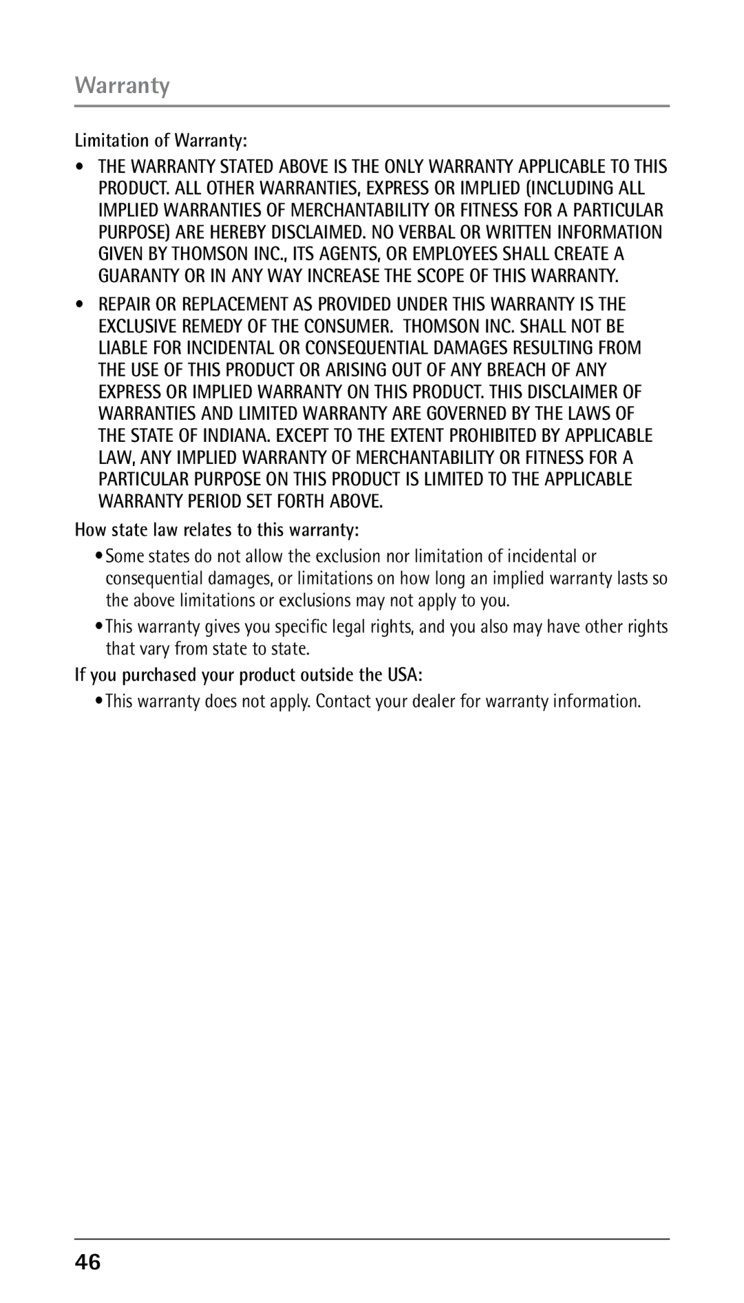 RCA 25250RE2 Limitation of Warranty, How state law relates to this warranty, If you purchased your product outside the USA 