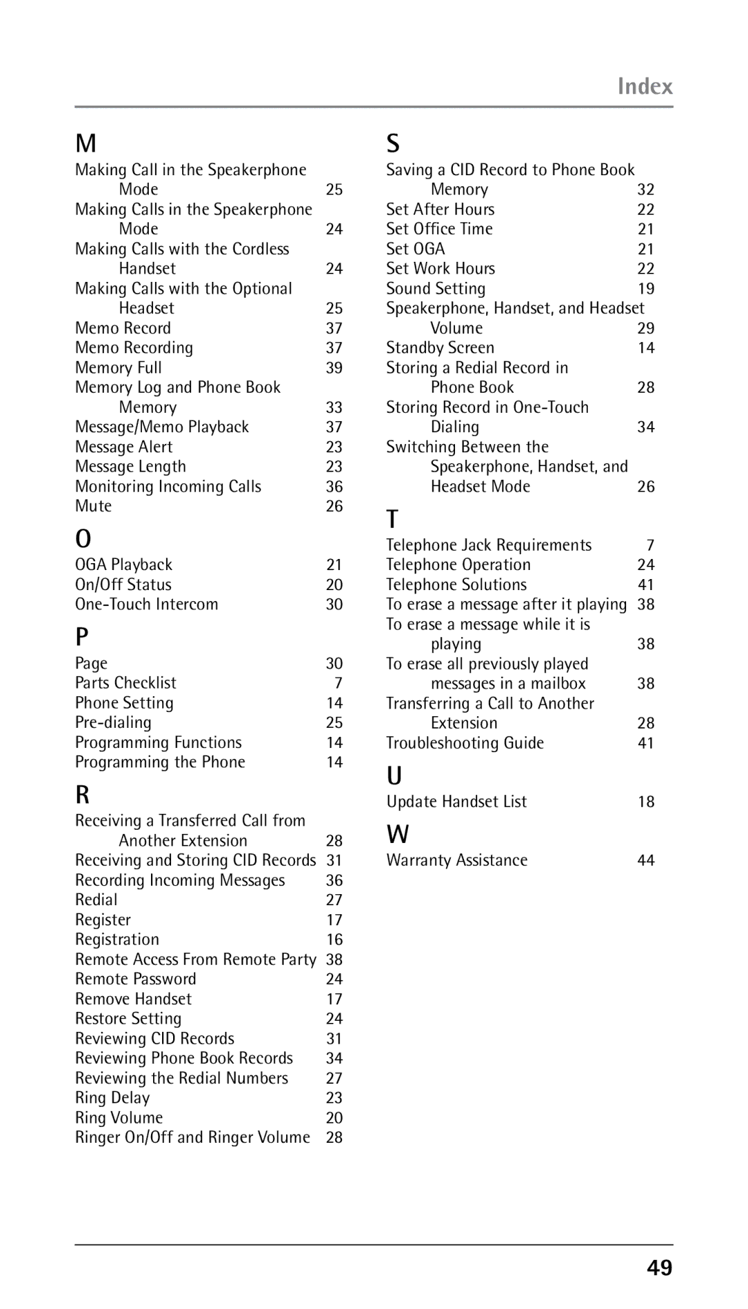 RCA 00023265, 25250RE2 manual Index 