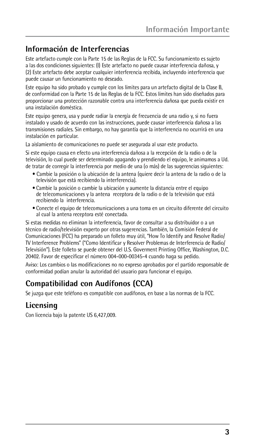 RCA 00023265, 25250RE2 manual Información de Interferencias, Compatibilidad con Audífonos CCA 