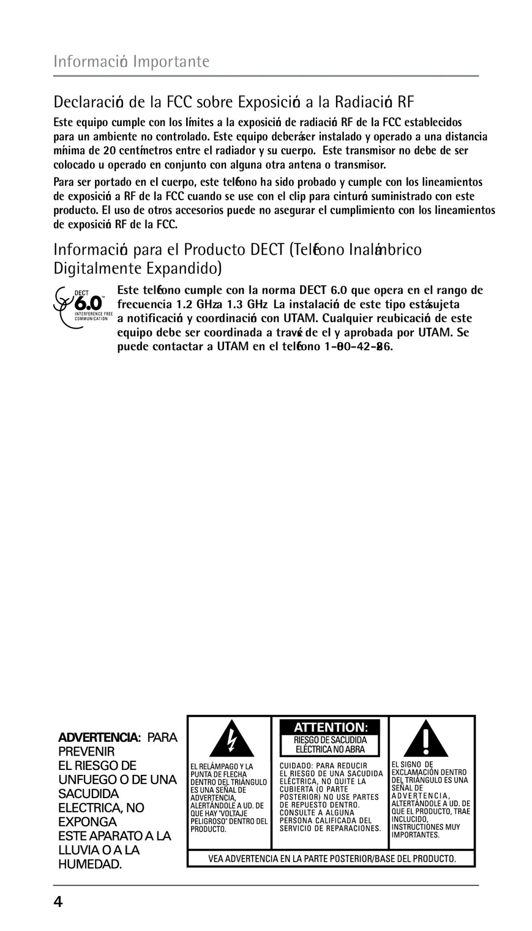 RCA 25250RE2, 00023265 manual Declaración de la FCC sobre Exposición a la Radiación RF 