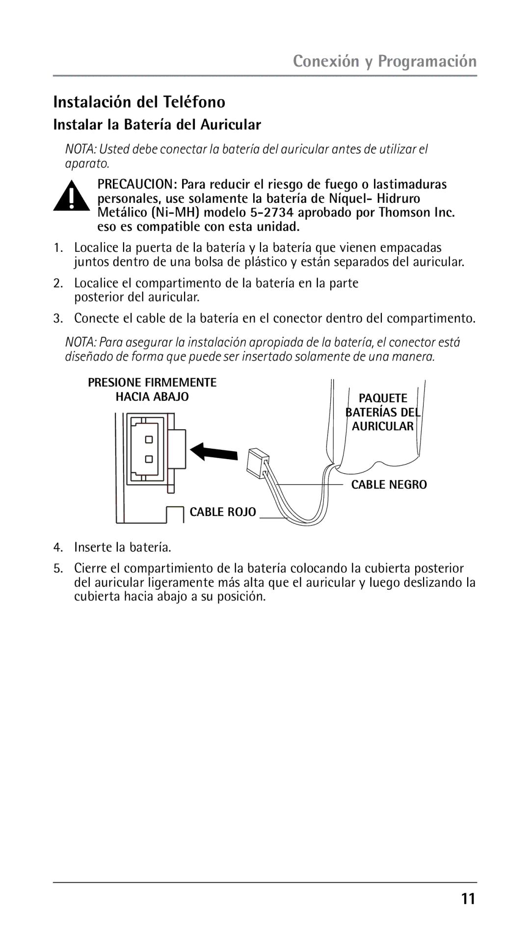 RCA 00023265, 25250RE2 manual Instalación del Teléfono, Instalar la Batería del Auricular 