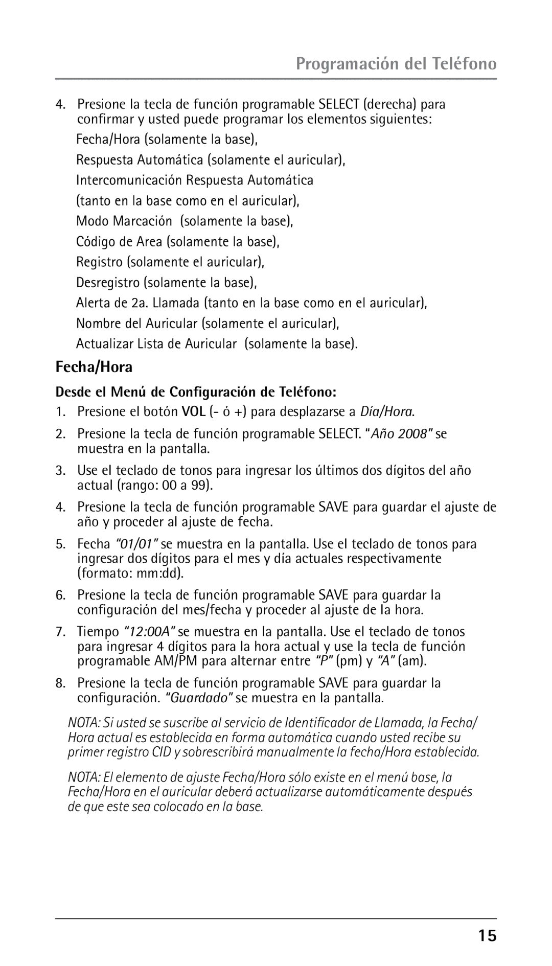 RCA 00023265 manual Fecha/Hora, Actualizar Lista de Auricular solamente la base, Desde el Menú de Configuración de Teléfono 