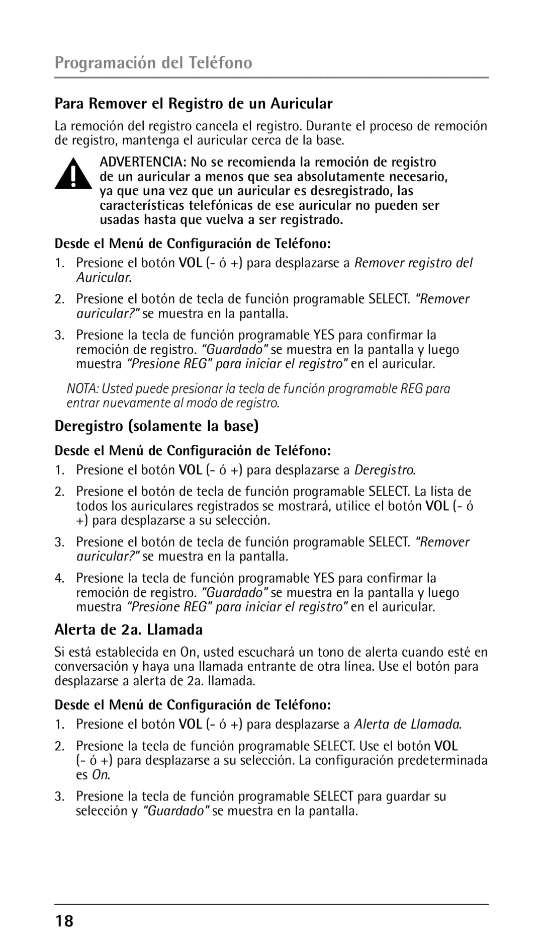 RCA 25250RE2, 00023265 manual Para Remover el Registro de un Auricular, Deregistro solamente la base, Alerta de 2a. Llamada 