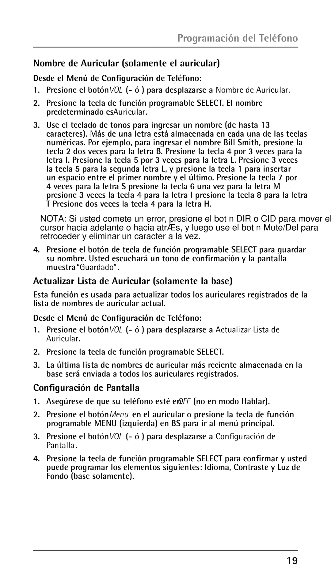 RCA 00023265, 25250RE2 manual Nombre de Auricular solamente el auricular, Actualizar Lista de Auricular solamente la base 