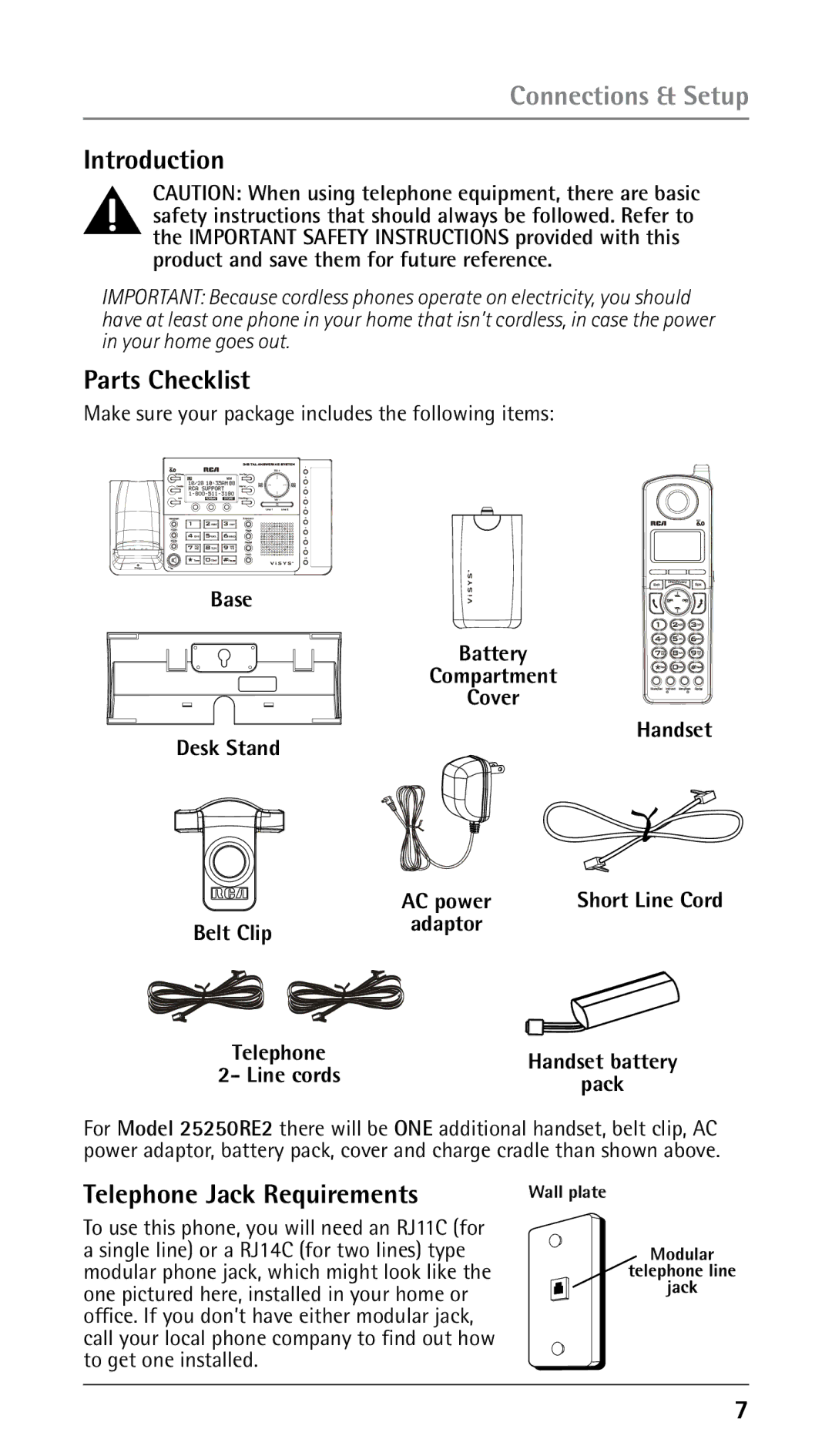 RCA 00023265, 25250RE2 manual Connections & Setup, Introduction, Parts Checklist, Telephone Jack Requirements 