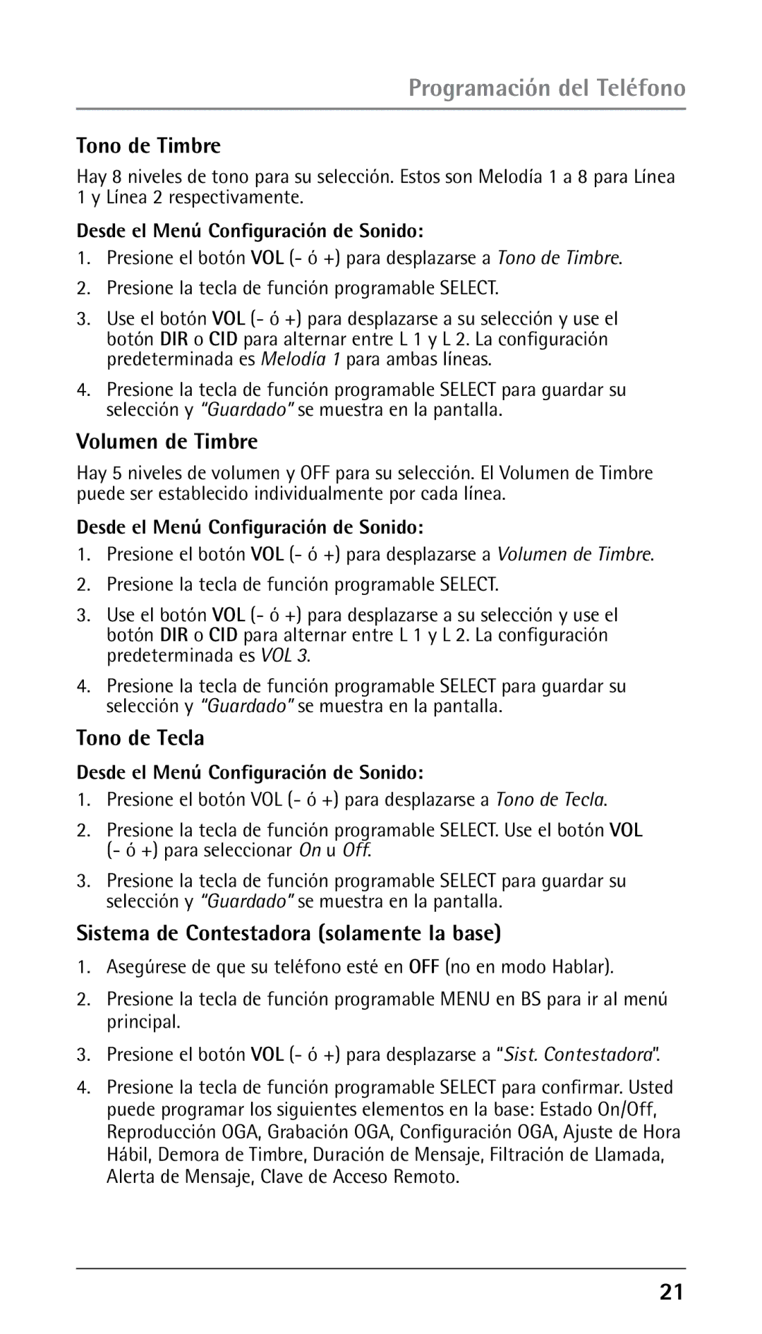 RCA 00023265, 25250RE2 manual Tono de Timbre, Volumen de Timbre, Tono de Tecla, Sistema de Contestadora solamente la base 