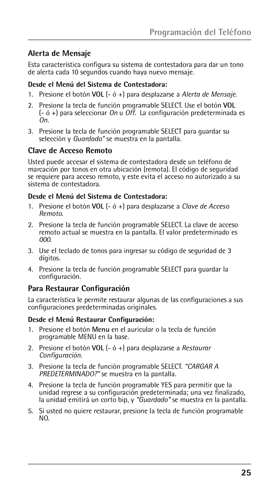 RCA 00023265, 25250RE2 manual Alerta de Mensaje, Clave de Acceso Remoto, Para Restaurar Configuración 