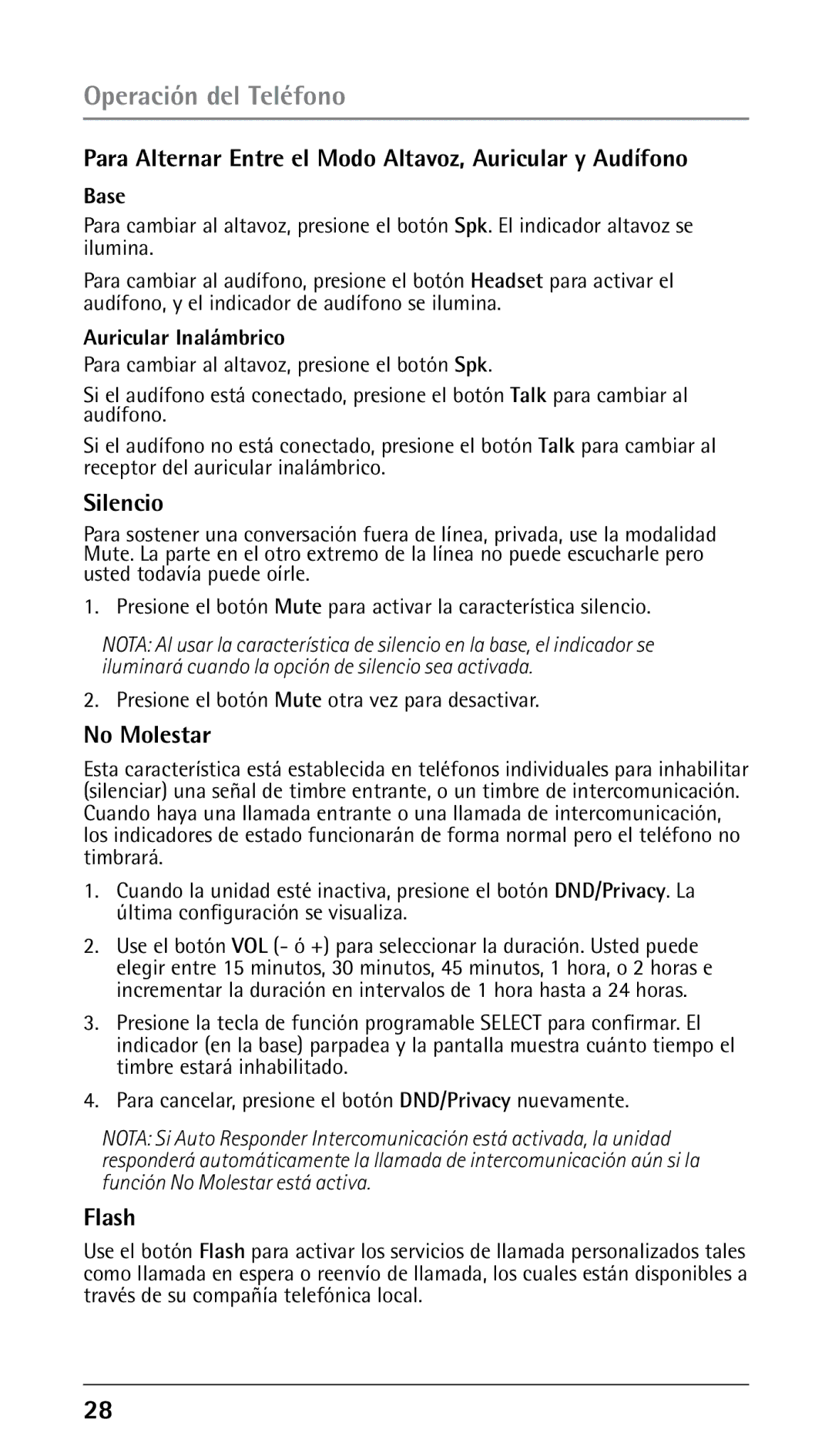 RCA 25250RE2 manual Para Alternar Entre el Modo Altavoz, Auricular y Audífono, Silencio, No Molestar, Auricular Inalámbrico 