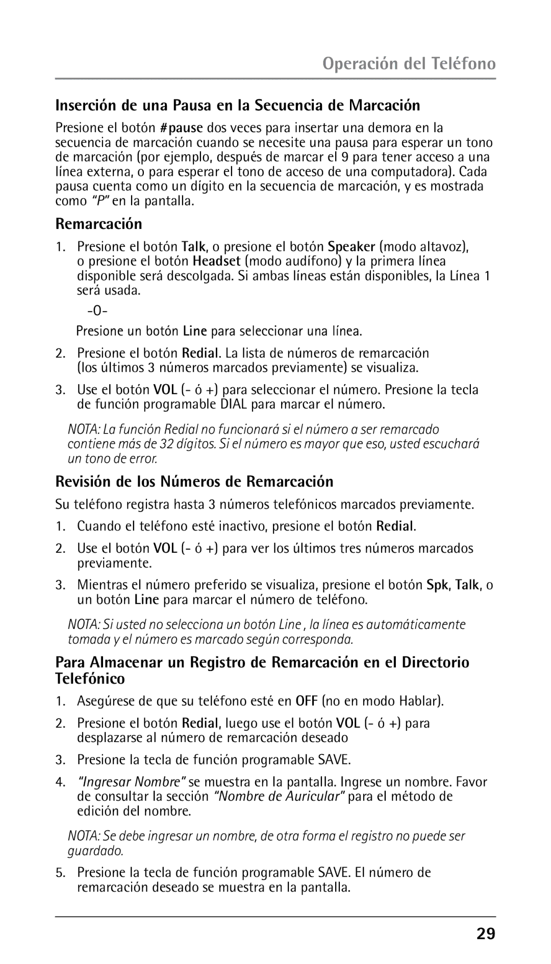 RCA 00023265, 25250RE2 Inserción de una Pausa en la Secuencia de Marcación, Revisión de los Números de Remarcación 