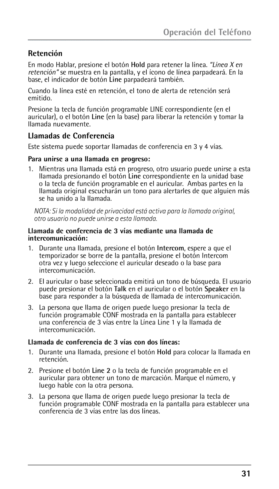 RCA 00023265, 25250RE2 manual Retención, Llamadas de Conferencia, Para unirse a una llamada en progreso 