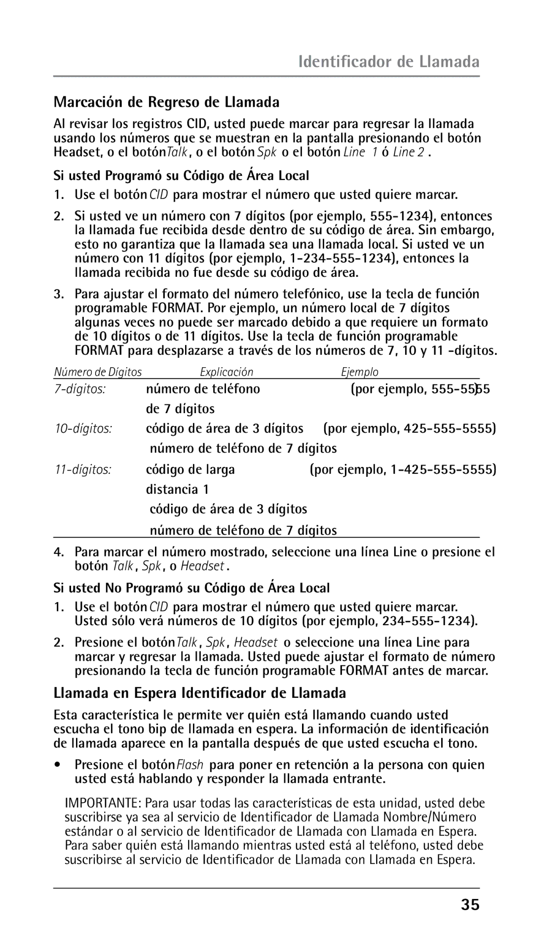 RCA 00023265, 25250RE2 manual Marcación de Regreso de Llamada, Llamada en Espera Identificador de Llamada 