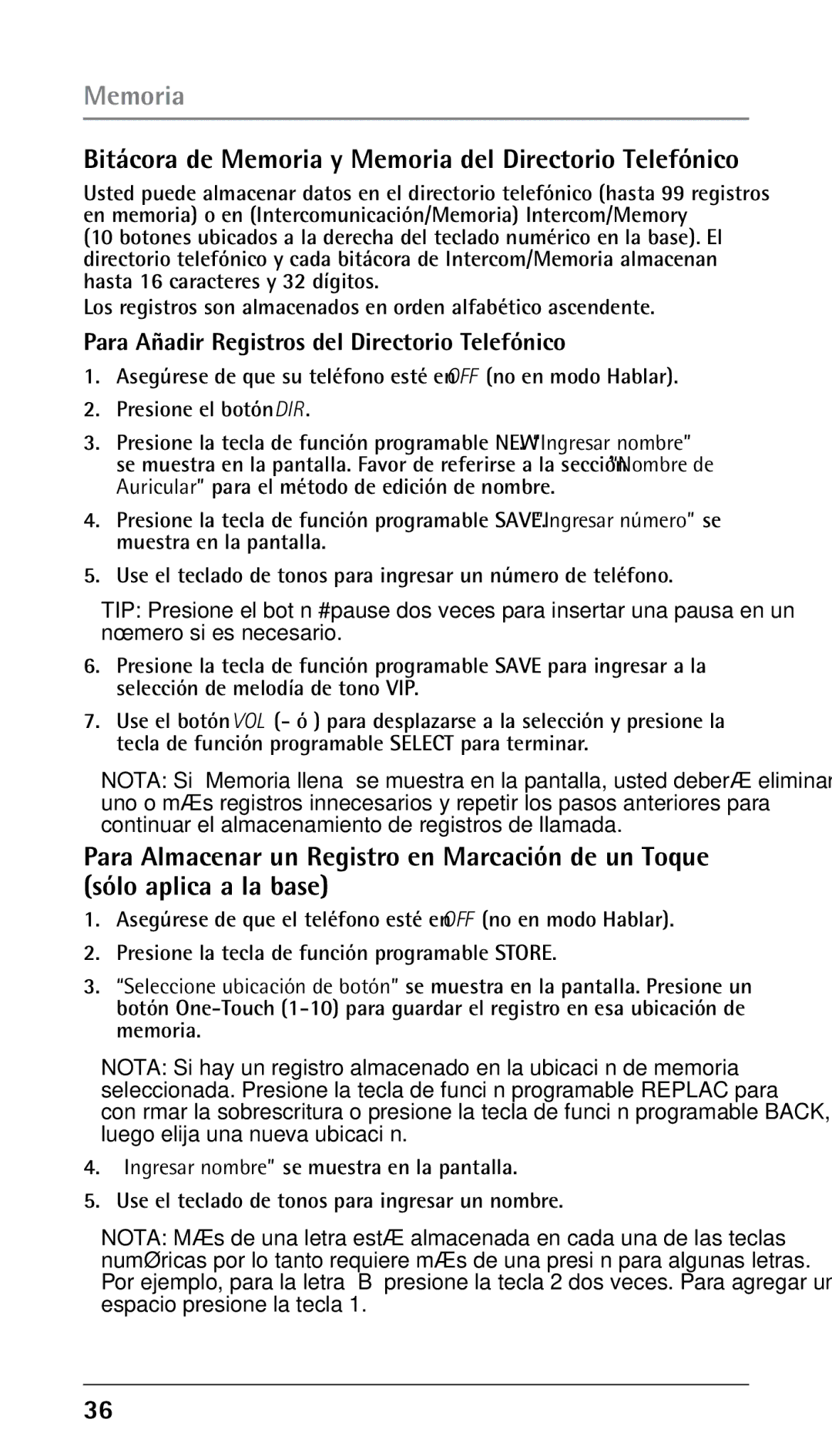 RCA 25250RE2 Bitácora de Memoria y Memoria del Directorio Telefónico, Para Añadir Registros del Directorio Telefónico 