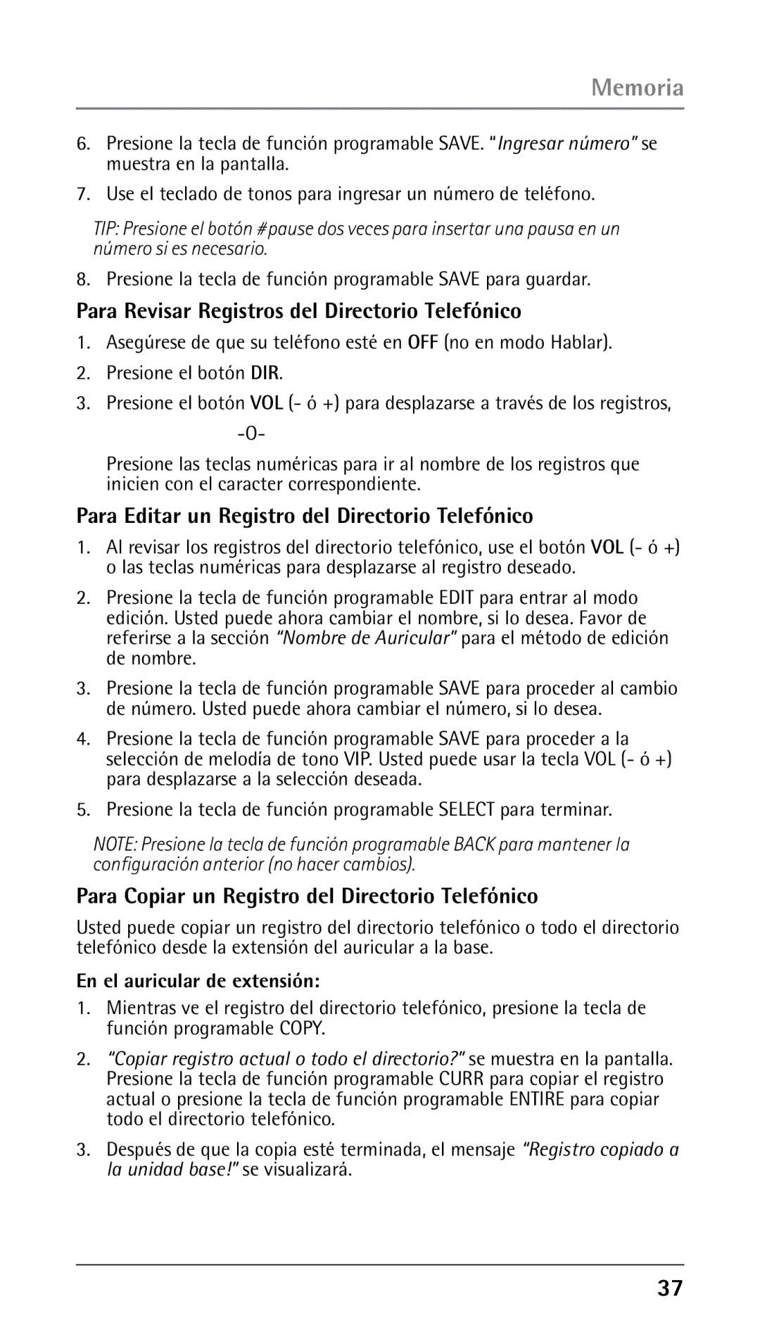 RCA 00023265, 25250RE2 Para Revisar Registros del Directorio Telefónico, Para Editar un Registro del Directorio Telefónico 