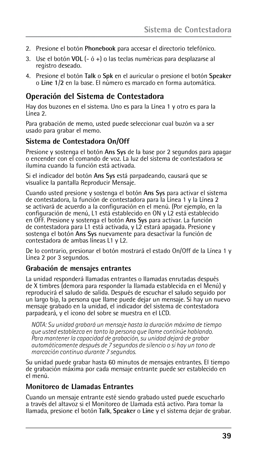 RCA 00023265 manual Operación del Sistema de Contestadora, Sistema de Contestadora On/Off, Grabación de mensajes entrantes 