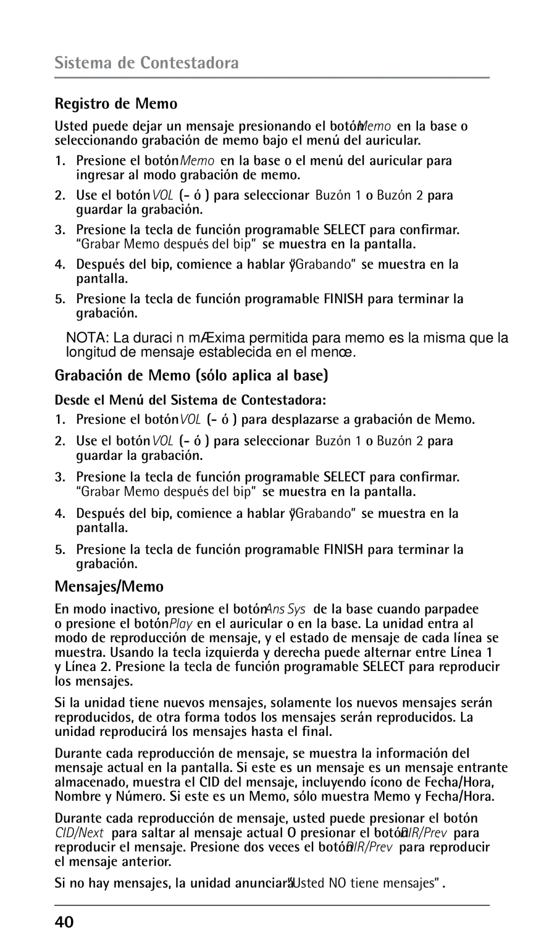 RCA 25250RE2, 00023265 manual Registro de Memo, Grabación de Memo sólo aplica al base, Mensajes/Memo 