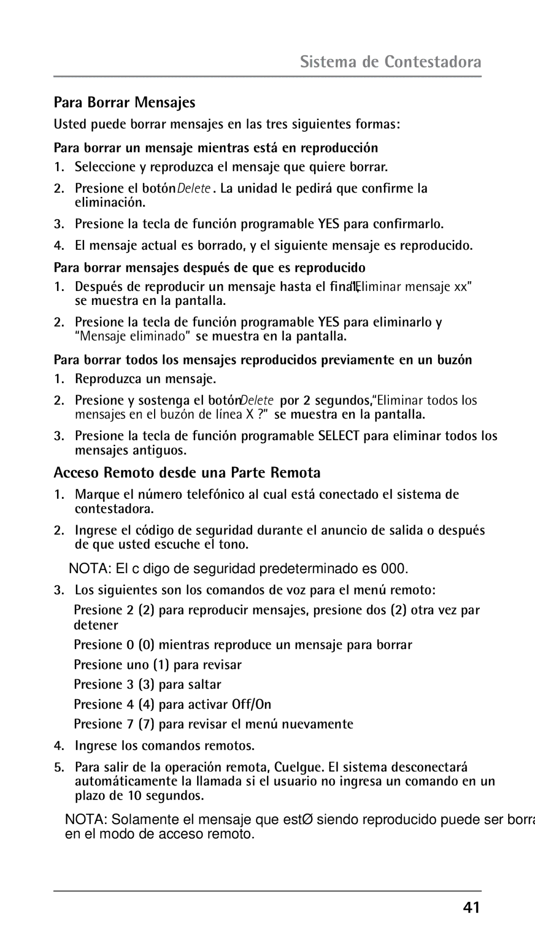 RCA 00023265, 25250RE2 manual Para Borrar Mensajes, Acceso Remoto desde una Parte Remota 