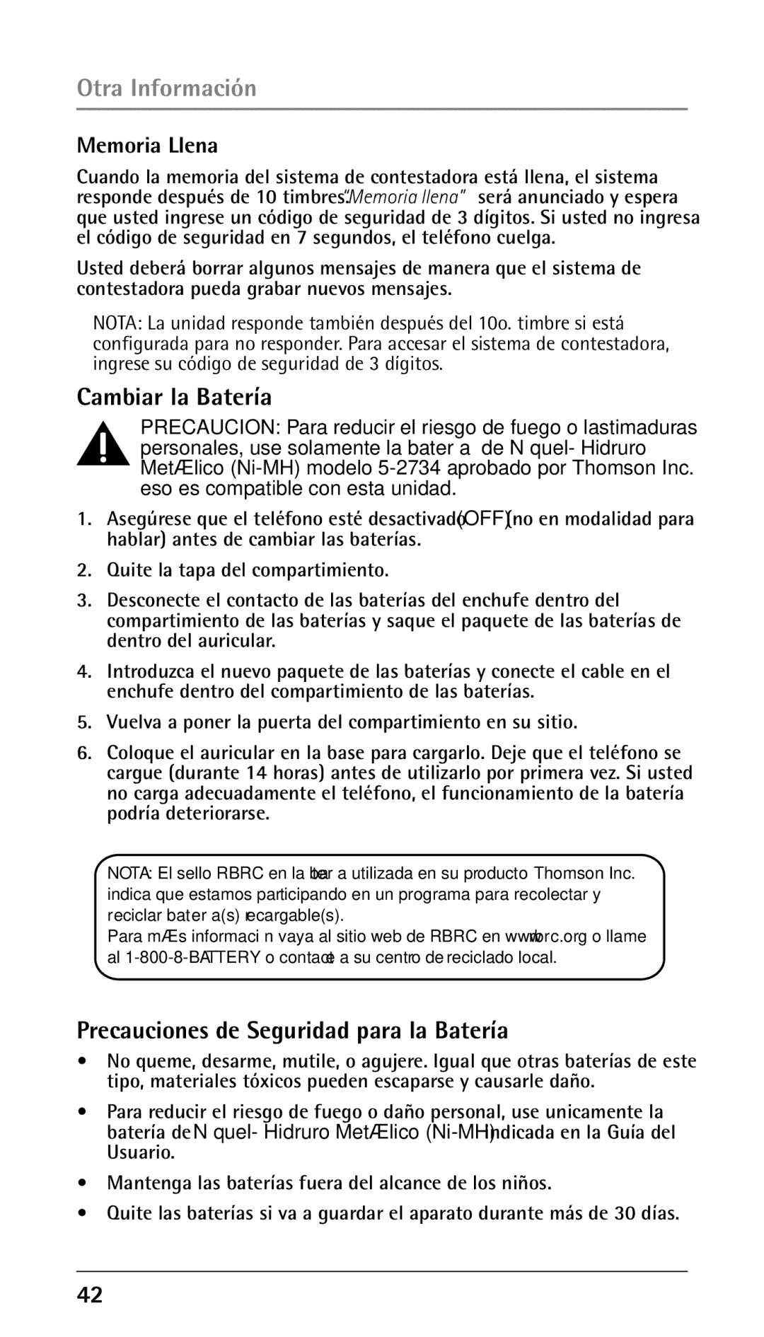 RCA 25250RE2, 00023265 manual Otra Información, Cambiar la Batería, Precauciones de Seguridad para la Batería, Memoria Llena 