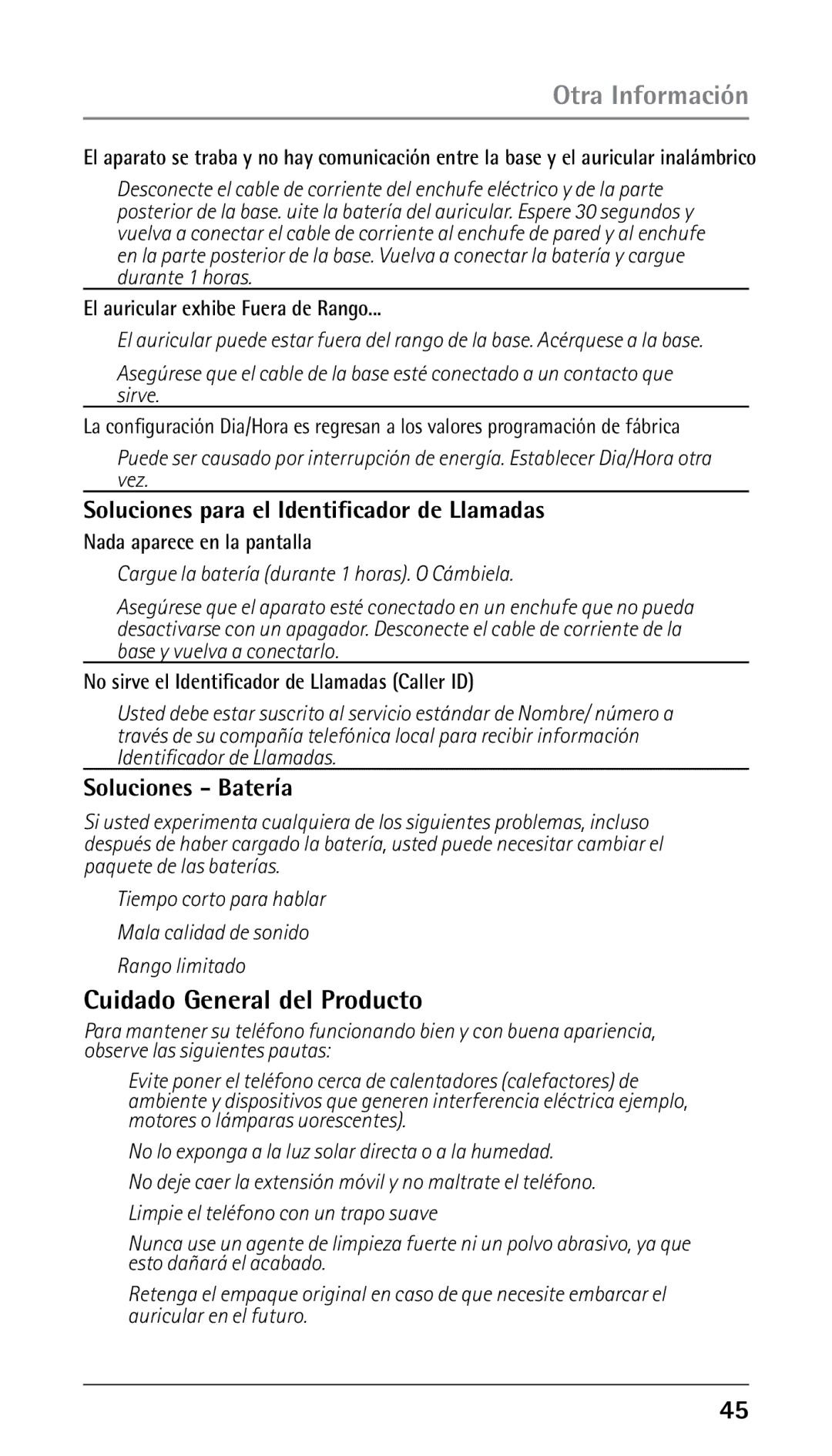 RCA 00023265, 25250RE2 manual Cuidado General del Producto, Soluciones para el Identificador de Llamadas, Soluciones Batería 