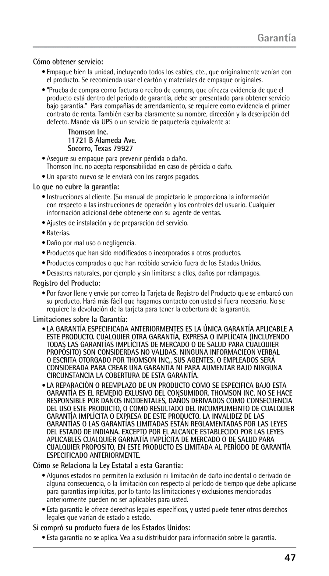 RCA 00023265, 25250RE2 manual Si compró su producto fuera de los Estados Unidos 