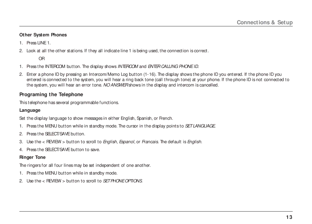 RCA 25403/04 manual Programing the Telephone, Other System Phones, Language, Ringer Tone 