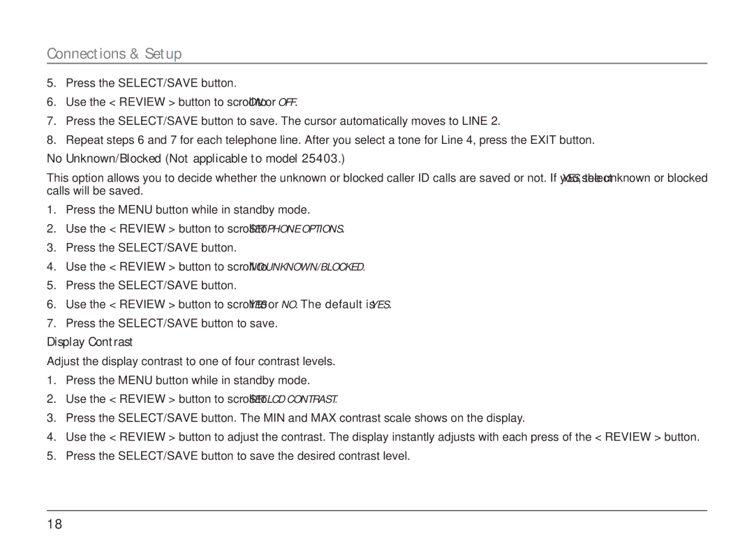 RCA 25403/04 manual No Unknown/Blocked Not applicable to model, Display Contrast 
