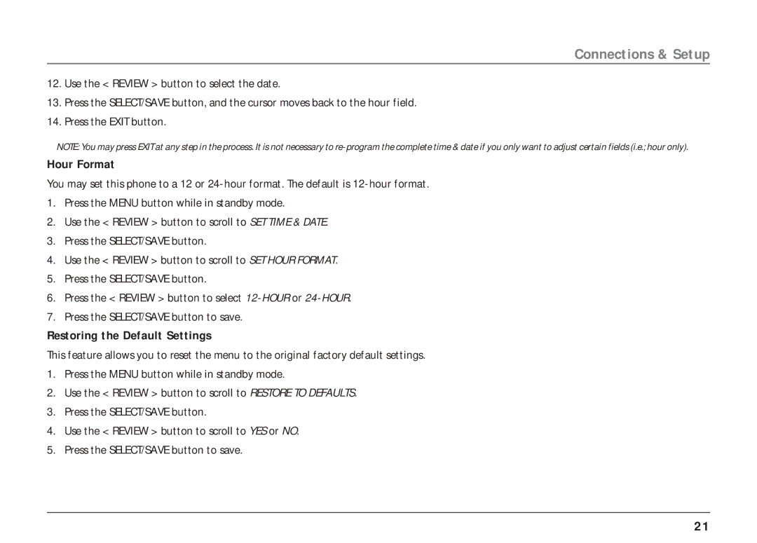 RCA 25403/04 manual Hour Format, Restoring the Default Settings 