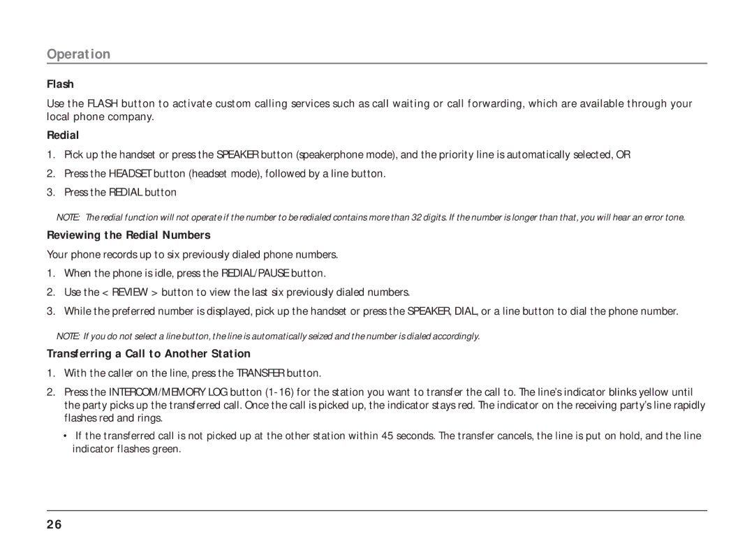 RCA 25403/04 manual Flash, Reviewing the Redial Numbers, Transferring a Call to Another Station 
