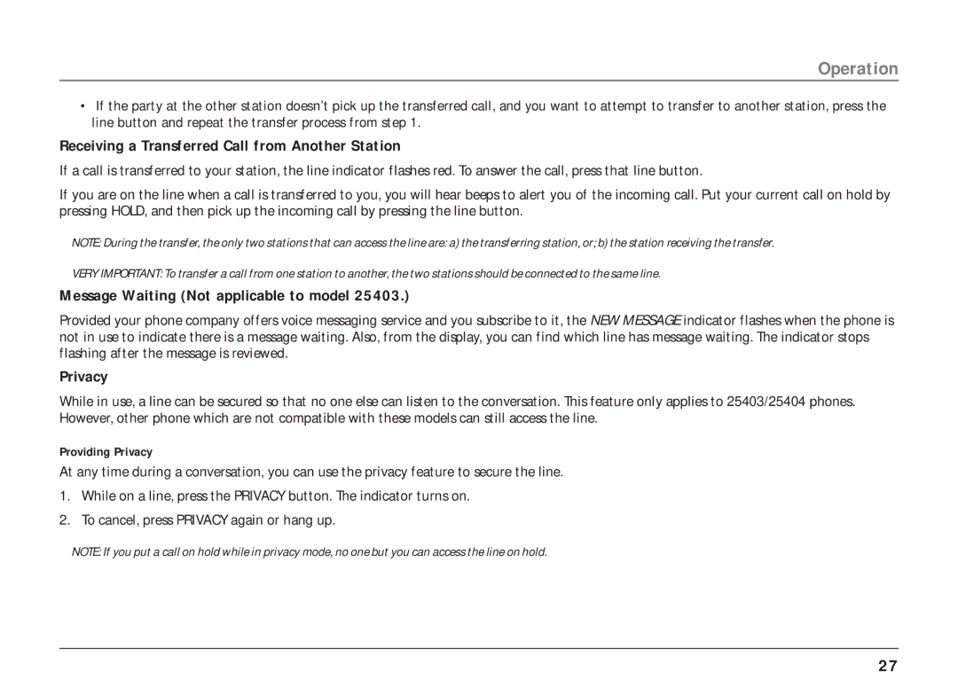 RCA 25403/04 manual Receiving a Transferred Call from Another Station, Message Waiting Not applicable to model, Privacy 