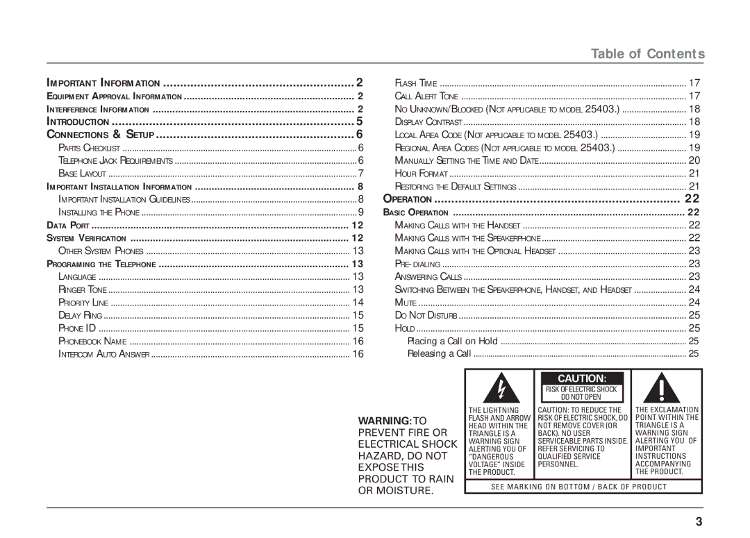 RCA 25403/04 manual Table of Contents 