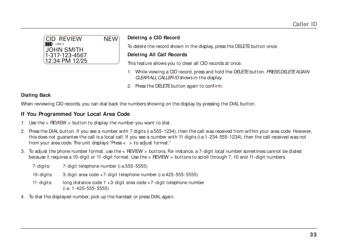 RCA 25403/04 If You Programmed Your Local Area Code, NEW Deleting a CID Record, Deleting All Call Records, Dialing Back 