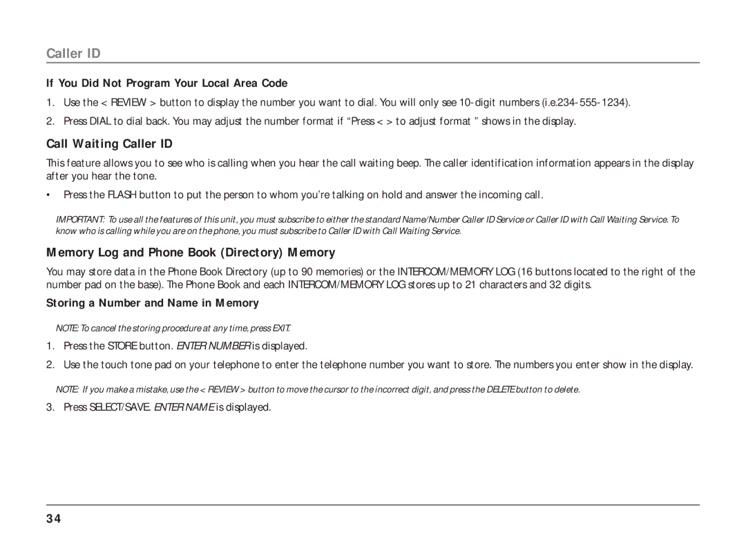 RCA 25403/04 manual Call Waiting Caller ID, Memory Log and Phone Book Directory Memory, Storing a Number and Name in Memory 