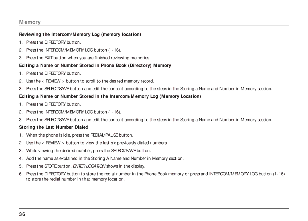 RCA 25403/04 manual Reviewing the Intercom/Memory Log memory location, Storing the Last Number Dialed 