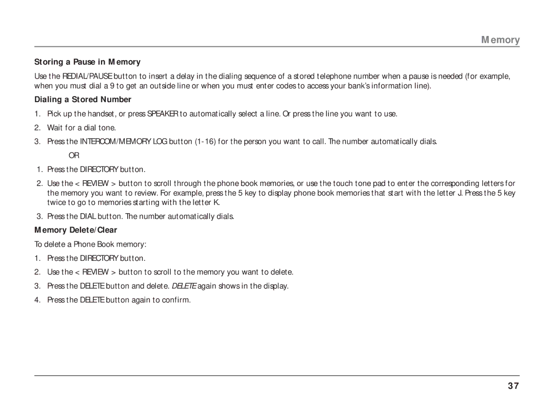 RCA 25403/04 manual Storing a Pause in Memory, Dialing a Stored Number, Memory Delete/Clear 