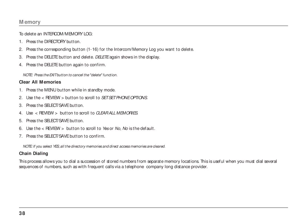 RCA 25403/04 manual Clear All Memories, Chain Dialing 