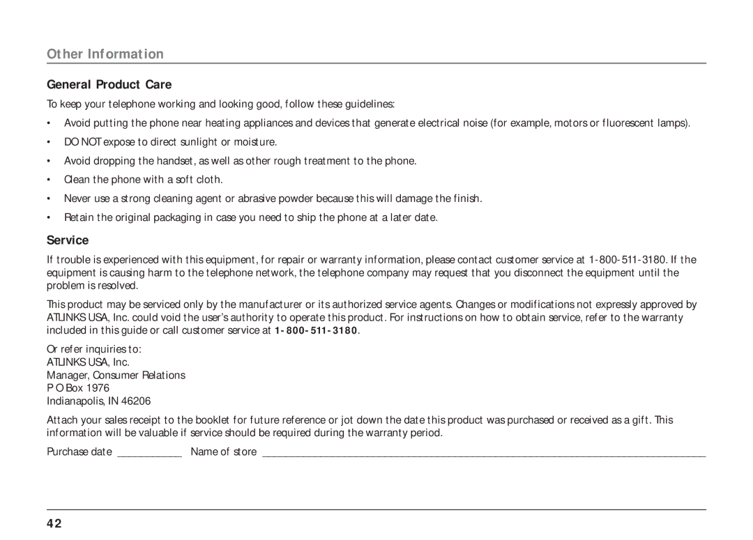 RCA 25403/04 manual General Product Care, Service, Purchase date Name of store 