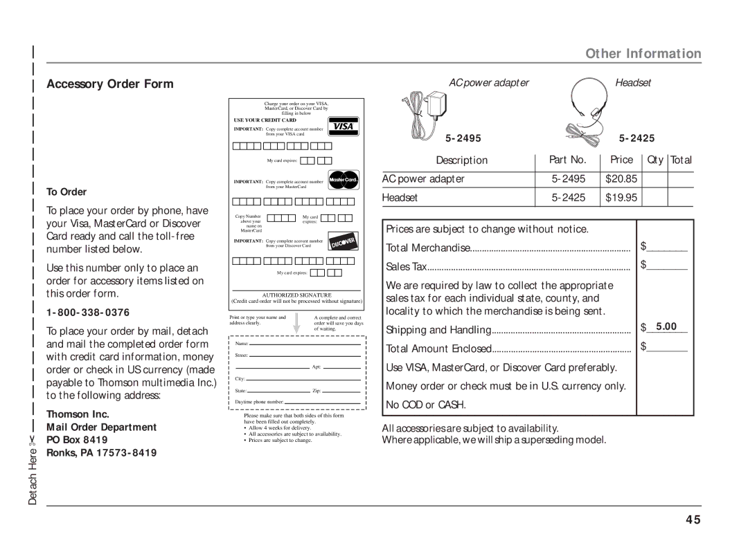 RCA 25403/04 manual Accessory Order Form 