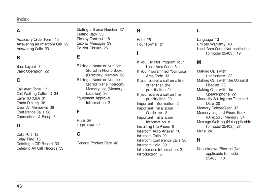 RCA 25403/04 manual Index, If You Did Not Program Your Local Area Code, Important Installation Information 