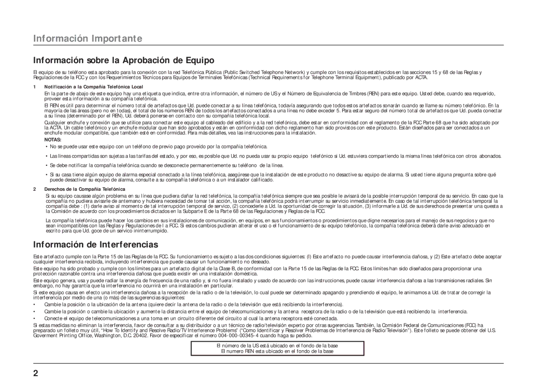 RCA 25403/04 manual Información Importante, Información sobre la Aprobación de Equipo, Información de Interferencias 