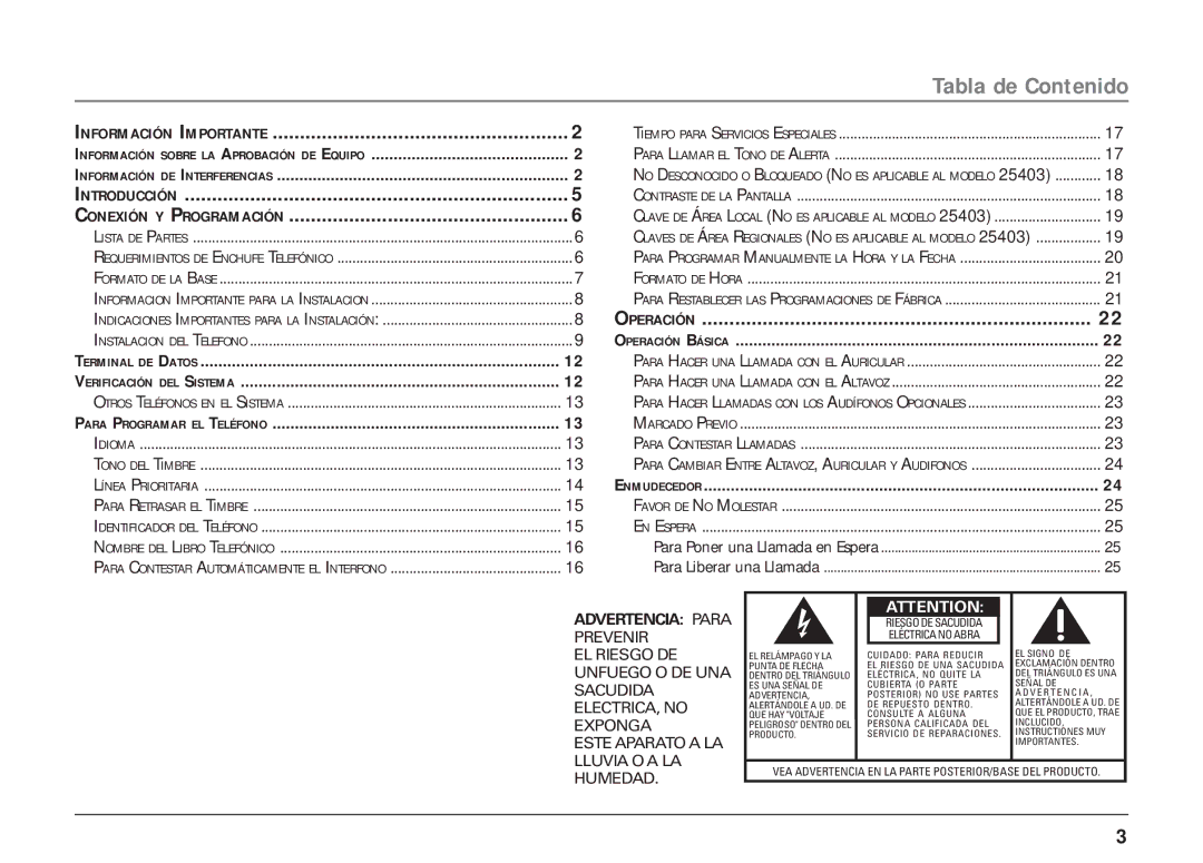 RCA 25403/04 manual Tabla de Contenido, Nformación I Mportante 