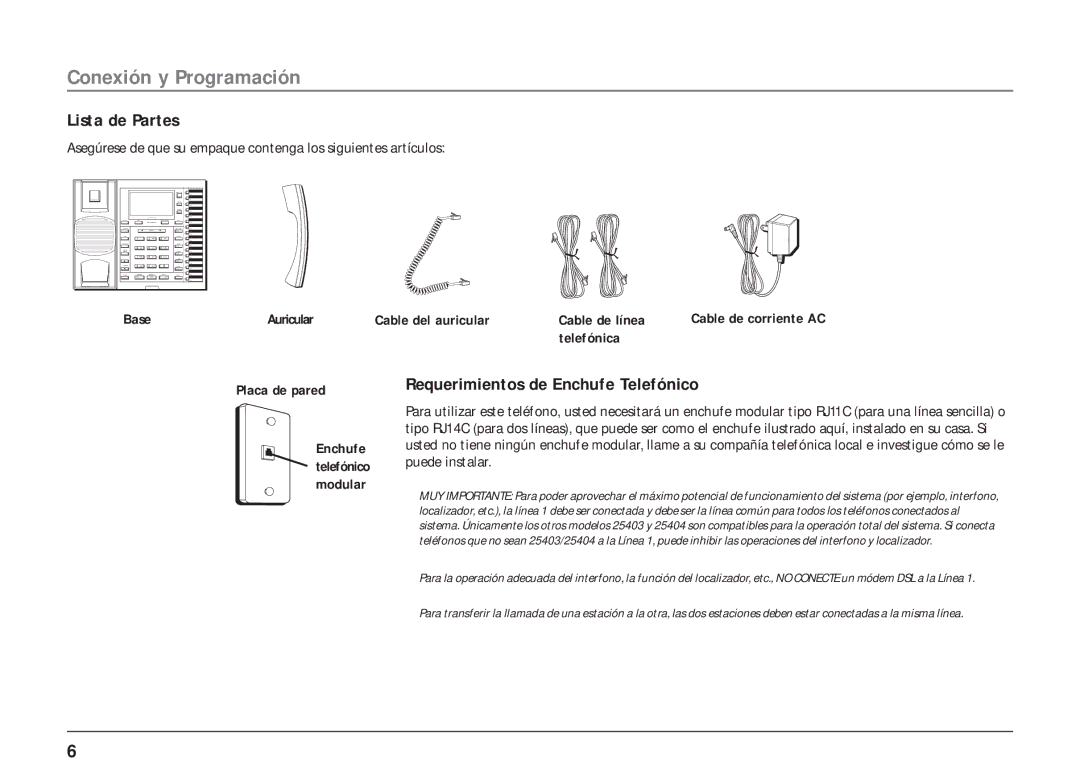 RCA 25403/04 manual Conexión y Programación, Lista de Partes, Requerimientos de Enchufe Telefónico 