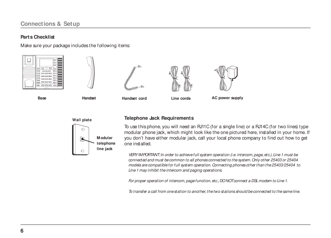 RCA 25403/04 manual Connections & Setup, Parts Checklist, Telephone Jack Requirements 