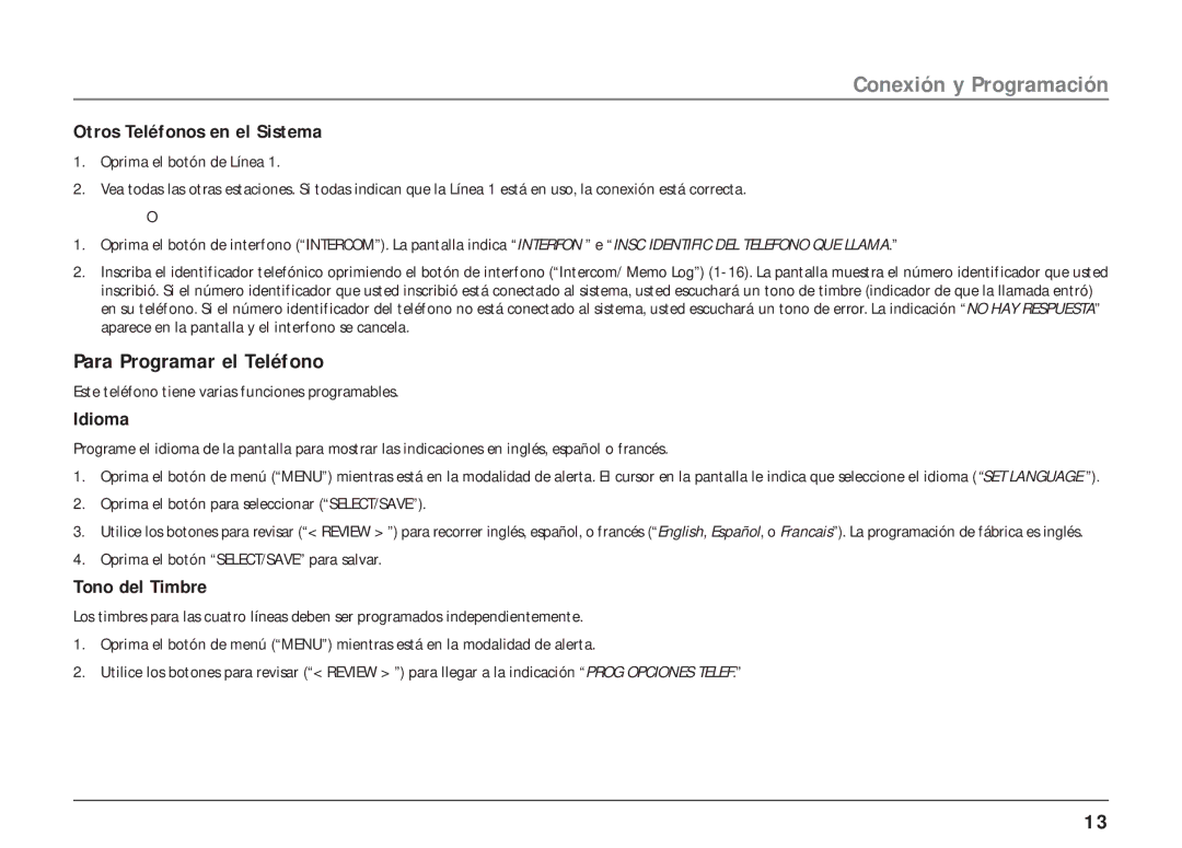 RCA 25403/04 manual Para Programar el Teléfono, Otros Teléfonos en el Sistema, Idioma, Tono del Timbre 