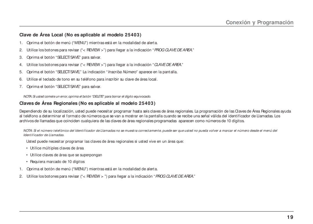 RCA 25403/04 manual Clave de Área Local No es aplicable al modelo, Claves de Área Regionales No es aplicable al modelo 