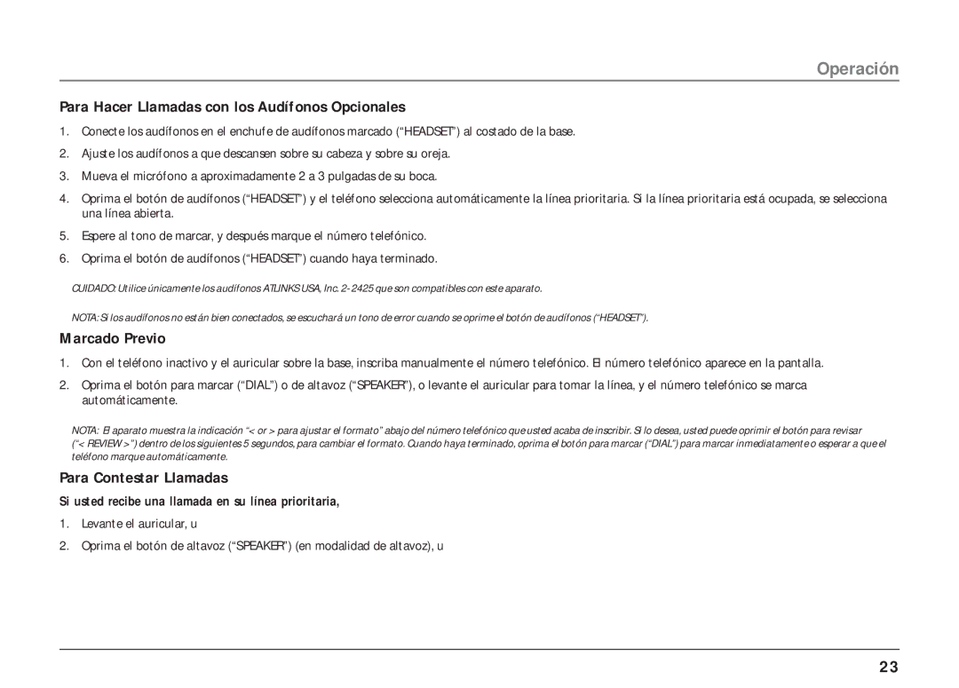 RCA 25403/04 manual Para Hacer Llamadas con los Audífonos Opcionales, Marcado Previo, Para Contestar Llamadas 