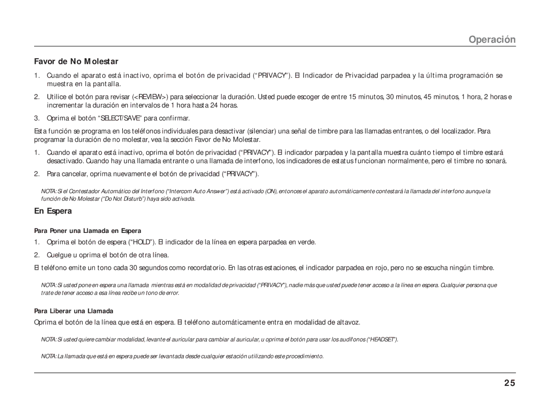 RCA 25403/04 manual Favor de No Molestar, En Espera 