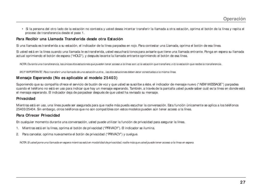 RCA 25403/04 manual Para Recibir una Llamada Transferida desde otra Estación, Mensaje Esperando No es aplicable al modelo 