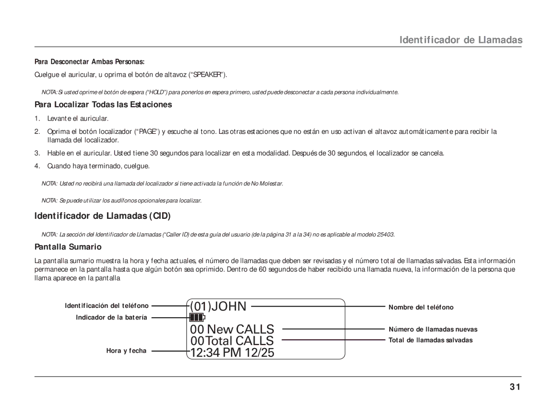 RCA 25403/04 manual Identificador de Llamadas CID, Para Localizar Todas las Estaciones, Pantalla Sumario 