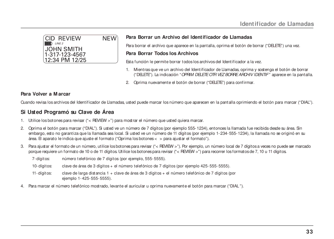 RCA 25403/04 manual Si Usted Programó su Clave de Área, Para Borrar Todos los Archivos, 11-dígitos, Ejemplo 